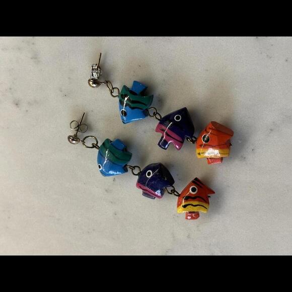 Handmade Vintage 80's Wooden Colorful Fish Dangle Earrings - Picture 2 of 4